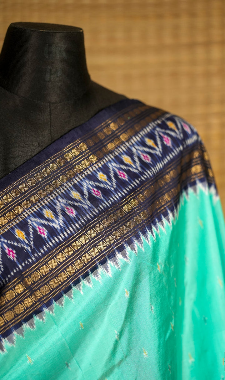Aqua with Blue Pochampally Ikkat Silk Saree Devasena | SILK MARK CERTIFIED SHOBITAM