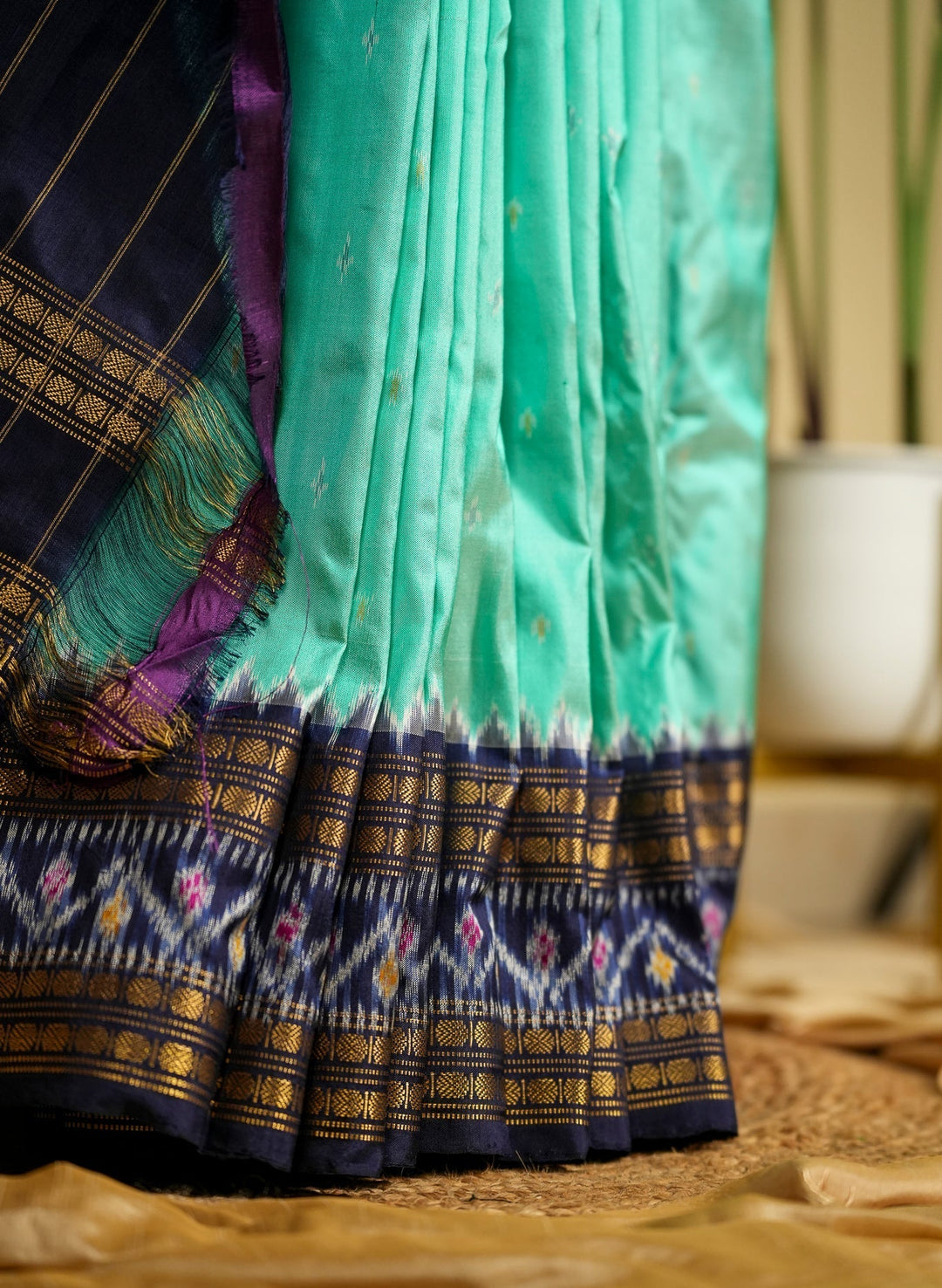 Aqua with Blue Pochampally Ikkat Silk Saree Devasena | SILK MARK CERTIFIED SHOBITAM