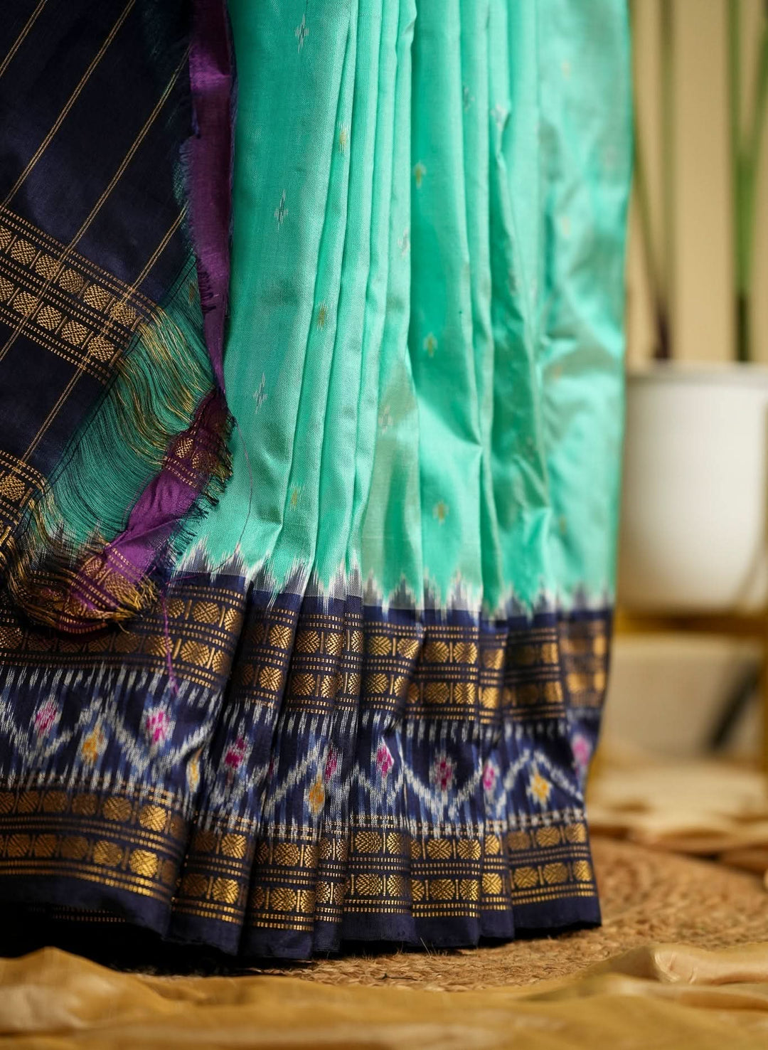 Aqua with Blue Pochampally Ikkat Silk Saree Devasena | SILK MARK CERTIFIED SHOBITAM
