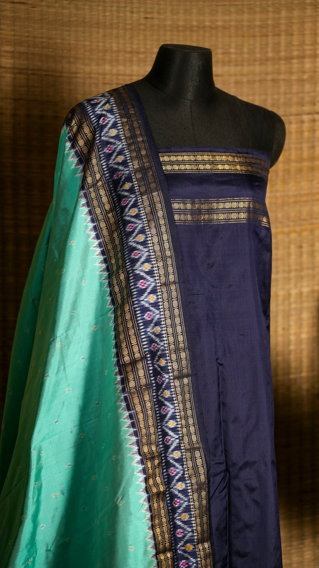 Aqua with Blue Pochampally Ikkat Silk Saree Devasena | SILK MARK CERTIFIED SHOBITAM