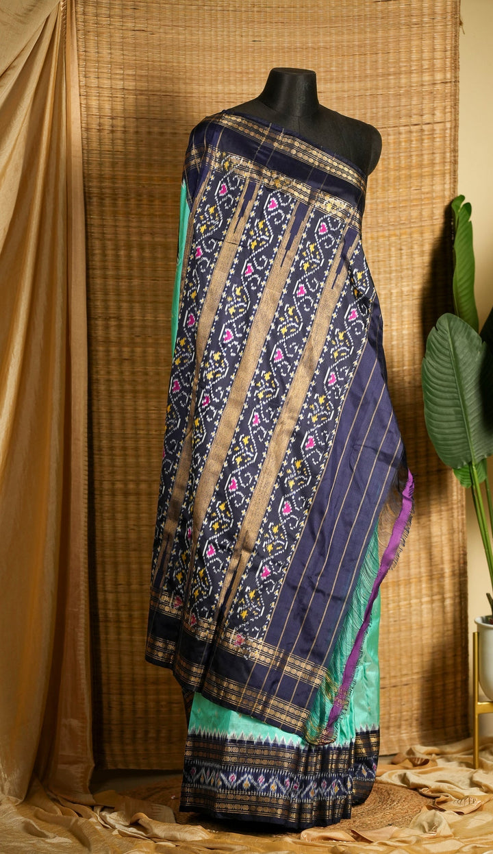 Aqua with Blue Pochampally Ikkat Silk Saree Devasena | SILK MARK CERTIFIED SHOBITAM