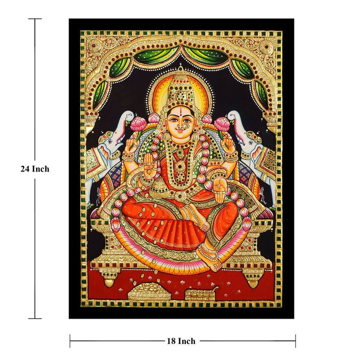 18*24 Authentic TANJORE PAINTING GAJA LAKSHMI With 22 Ct gold Foil and Jaipur Gemstones,Unframed | SHOBITAM