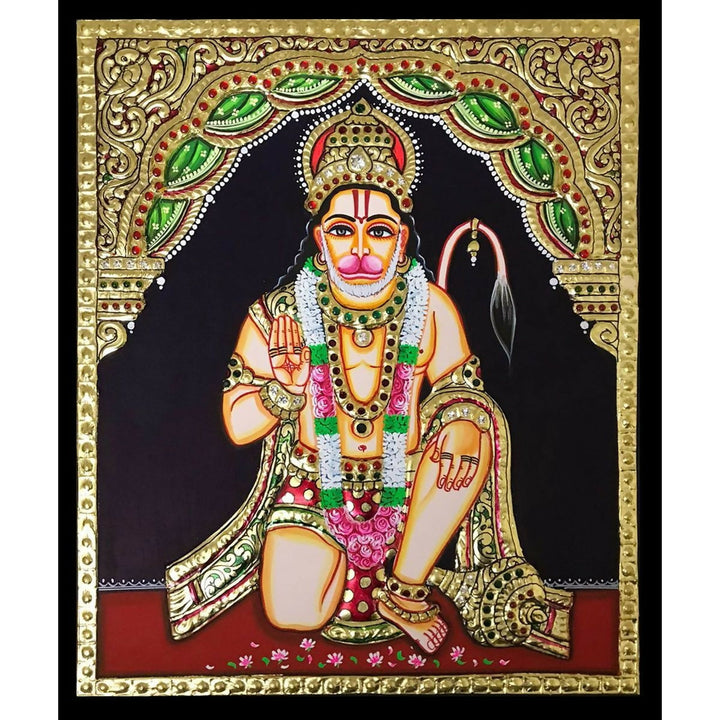 12x10" Tanjore Painting Abhaya Hanuman Authentic With 22 Ct gold Foil and Jaipur Gemstones ,Unframed | SHOBITAM