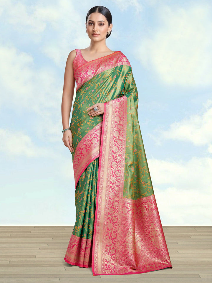 Green Semi Banarasi Tissue Silk Saree With Zari Woven Work | SHOBITAM