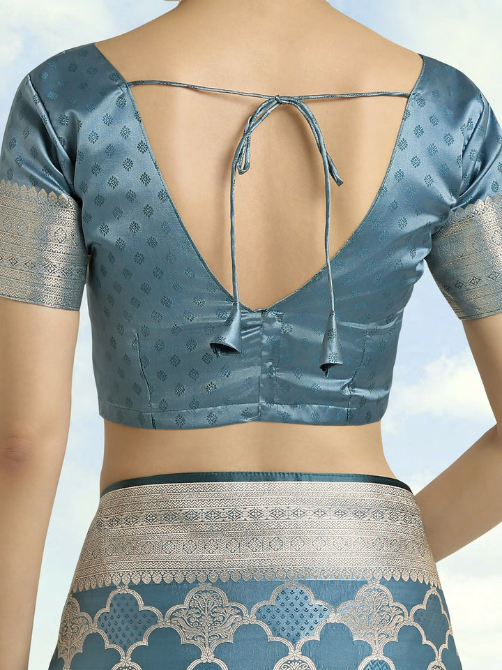 Cyan blue Banarasi Satin Silk Saree | SHOBITAM