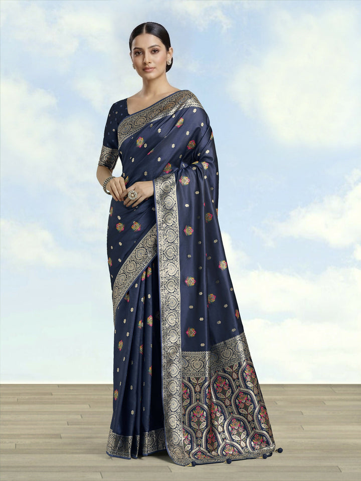 Navy blue Banarasi Zari Woven Satin Silk Saree | SHOBITAM
