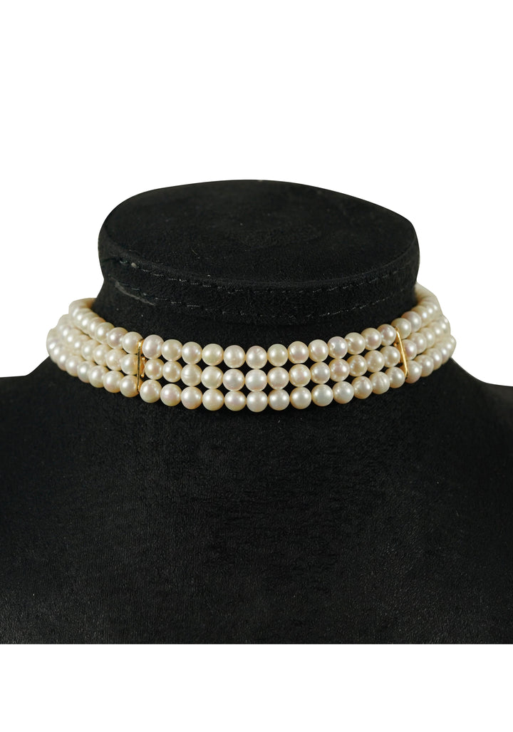 Dreamy Radiance: White Three Strand Pure Pearl Choker and Stud Earrings Set