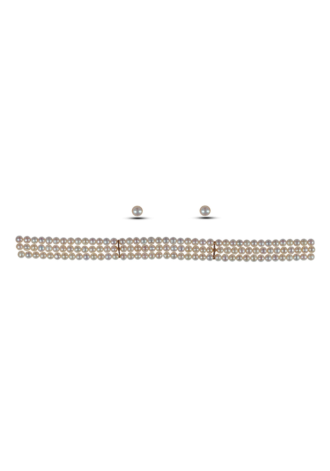 Dreamy Radiance: White Three Strand Pure Pearl Choker and Stud Earrings Set