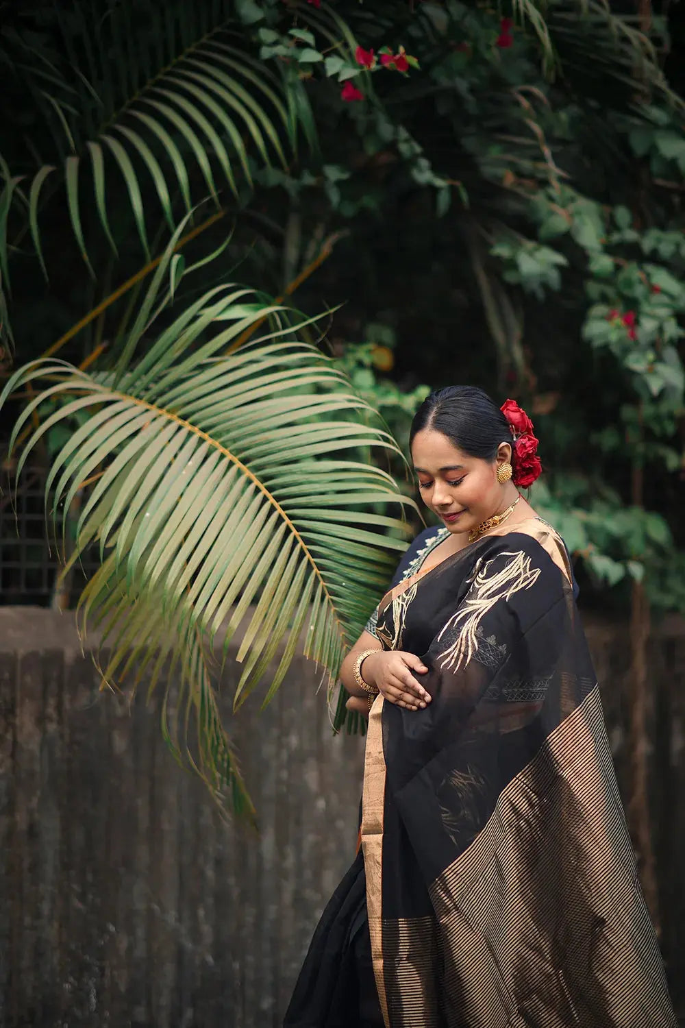 Handloom Black Chanderi Pure Silk Saree With Gold Zari Motifs | SHOBITAM