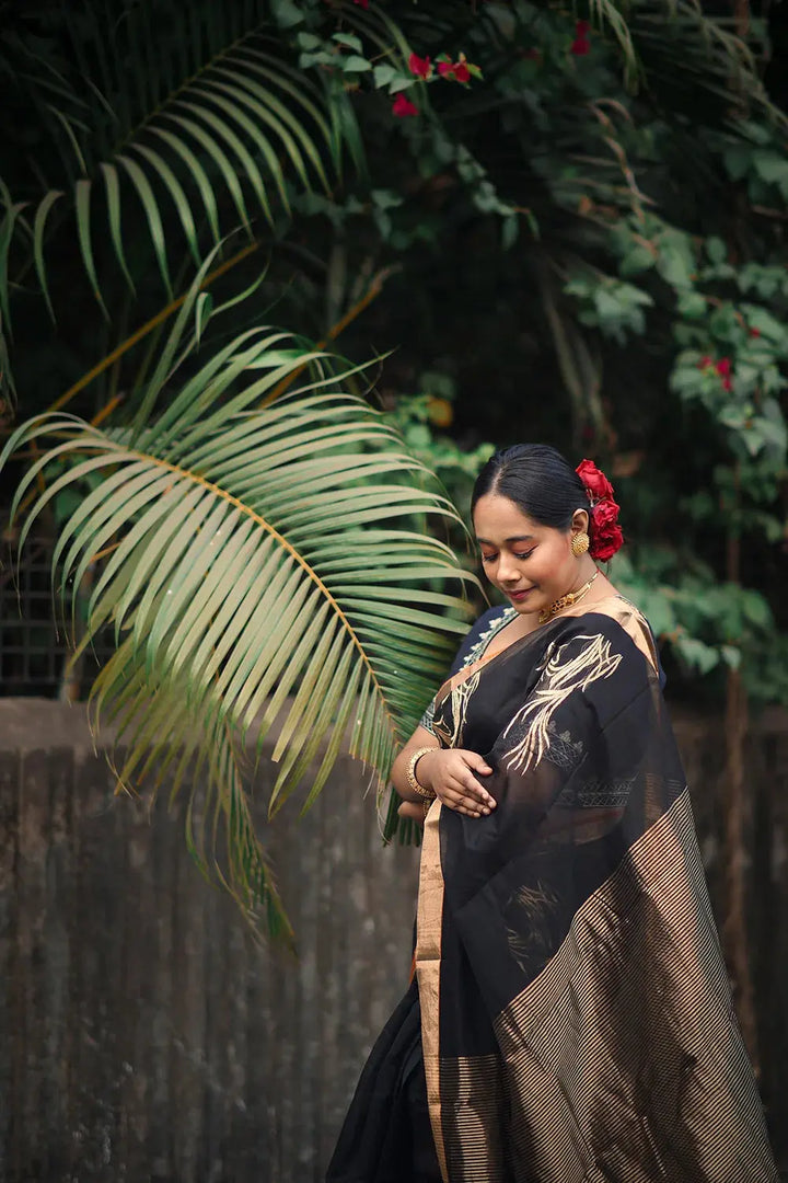 Handloom Black Chanderi Pure Silk Saree With Gold Zari Motifs | SHOBITAM