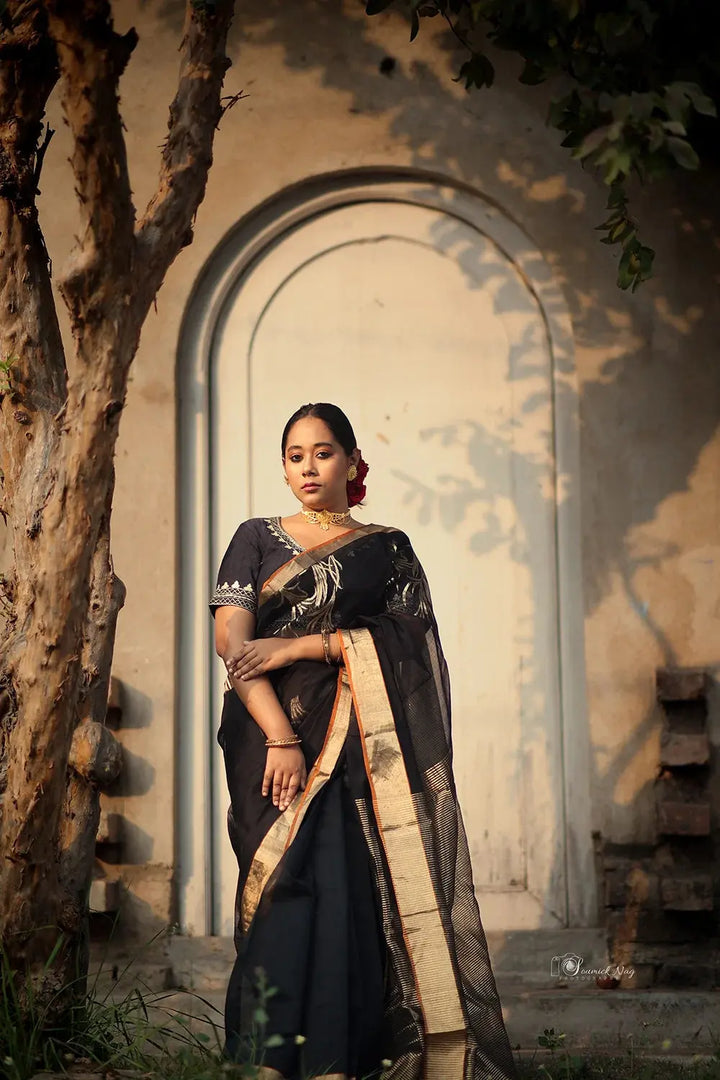 Handloom Black Chanderi Pure Silk Saree With Gold Zari Motifs | SHOBITAM