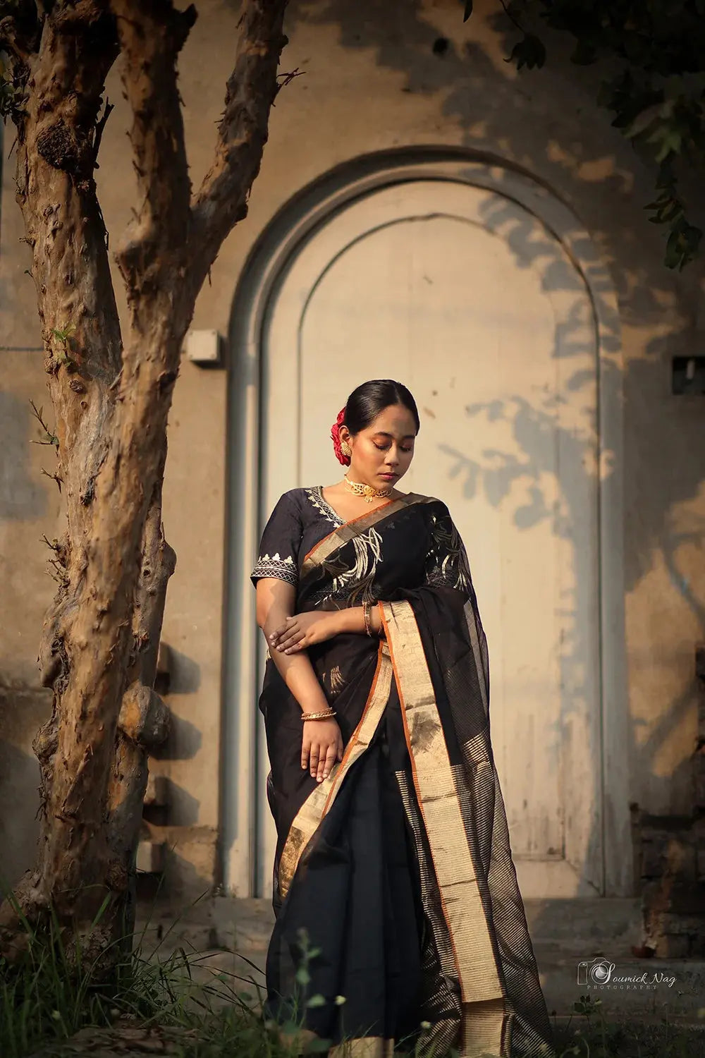 Handloom Black Chanderi Pure Silk Saree With Gold Zari Motifs | SHOBITAM