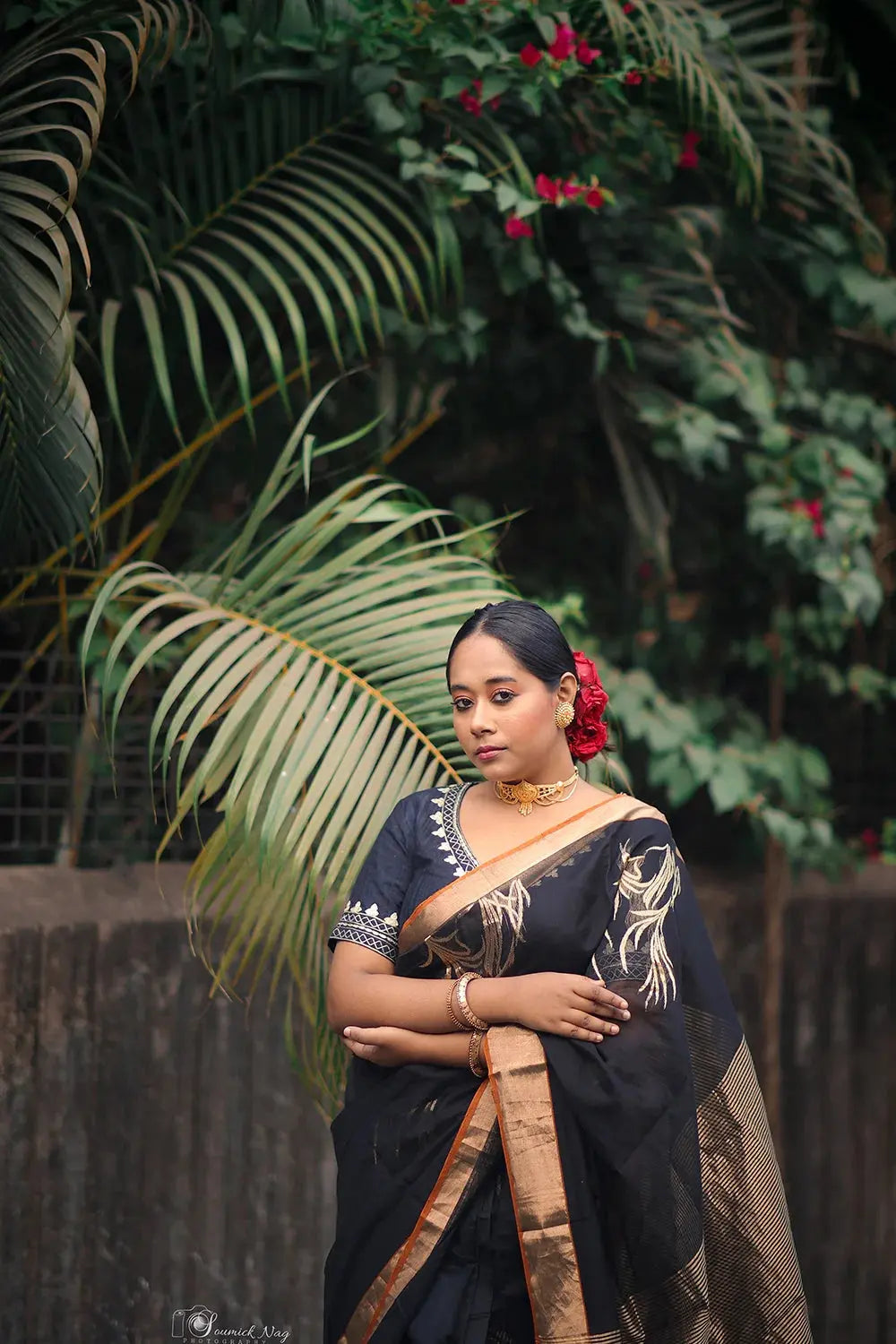 Handloom Black Chanderi Pure Silk Saree With Gold Zari Motifs | SHOBITAM
