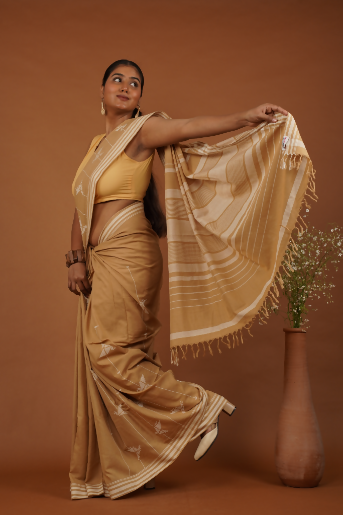 Flying Bird Handwoven Bawan Buti Golden Musturad Cotton Saree | SHOBITAM