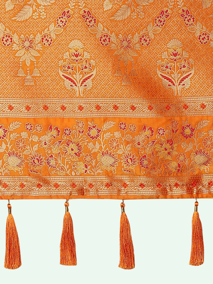 Orange Semi Banarasi Satin silk Saree With Zari Border And Butti Work  | SHOBITAM