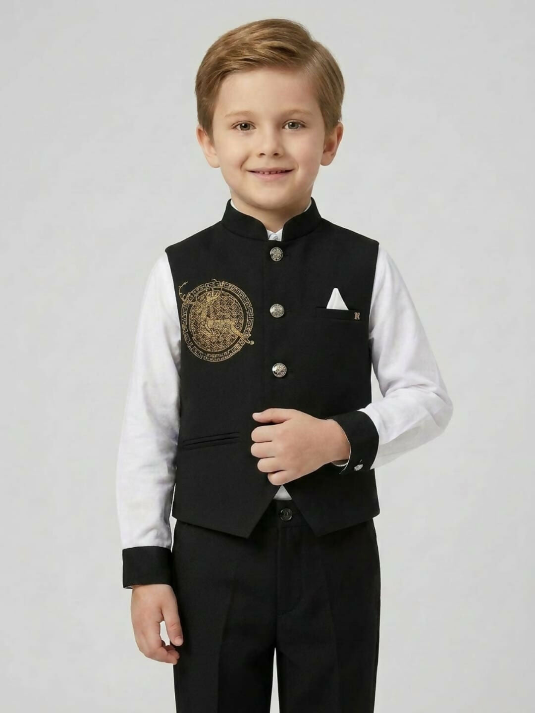 Boys Ethnic Black & White Waistcoat Suit Set with Shirt and Trousers | SHOBITAM