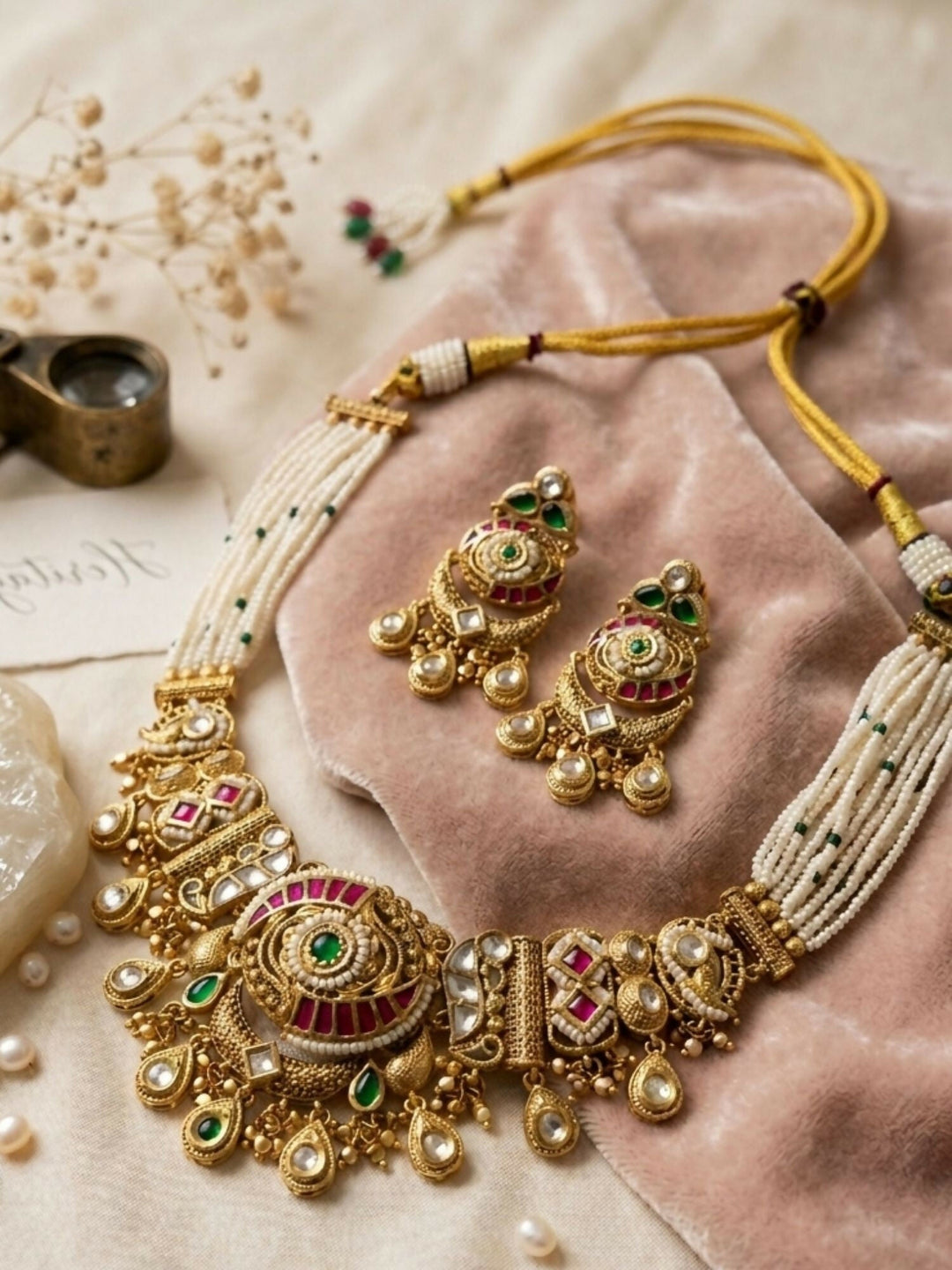 Royal Kundan Polki Choker Set with Emerald & Ruby Drops | SHOBITAM