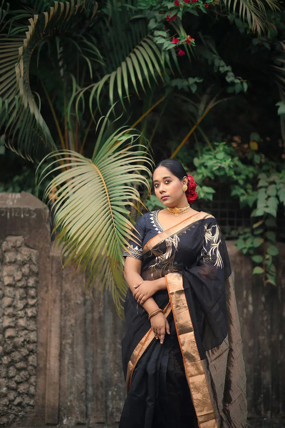 Handloom Black Chanderi Pure Silk Saree With Gold Zari Motifs | SHOBITAM