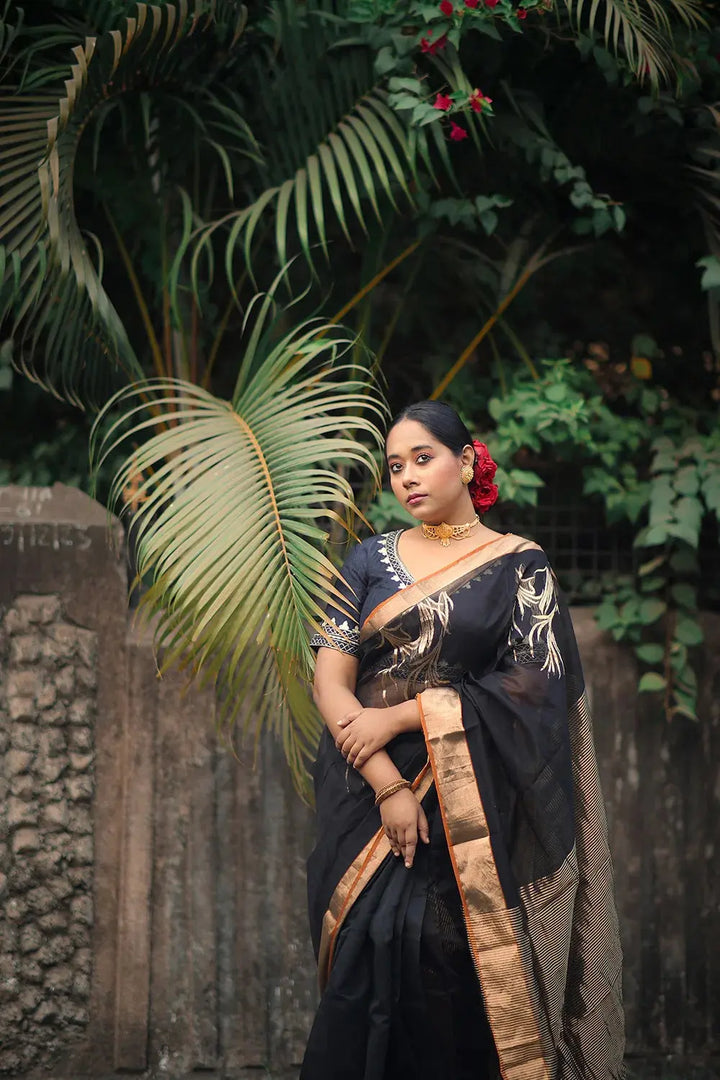 Handloom Black Chanderi Pure Silk Saree With Gold Zari Motifs | SHOBITAM