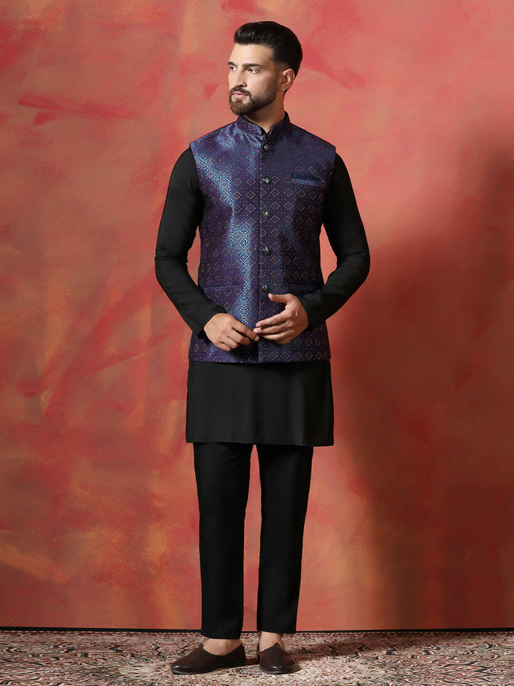 Blue jacquard kurta jacket pyjama set premium indian ethnic outfit | SHOBITAM