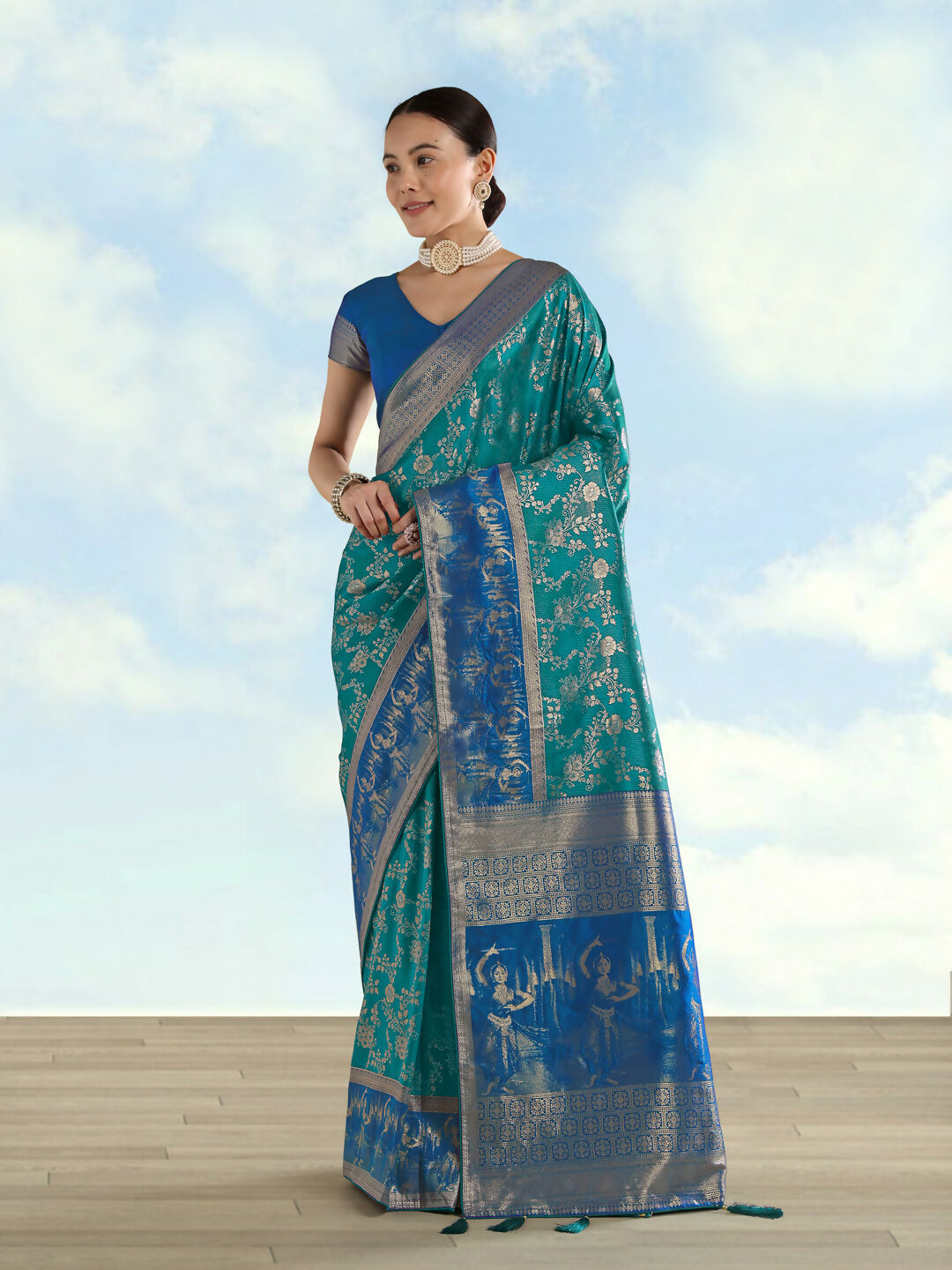 Turquoise Banarasi Semi Silk Saree With Zari Woven Design  | SHOBITAM