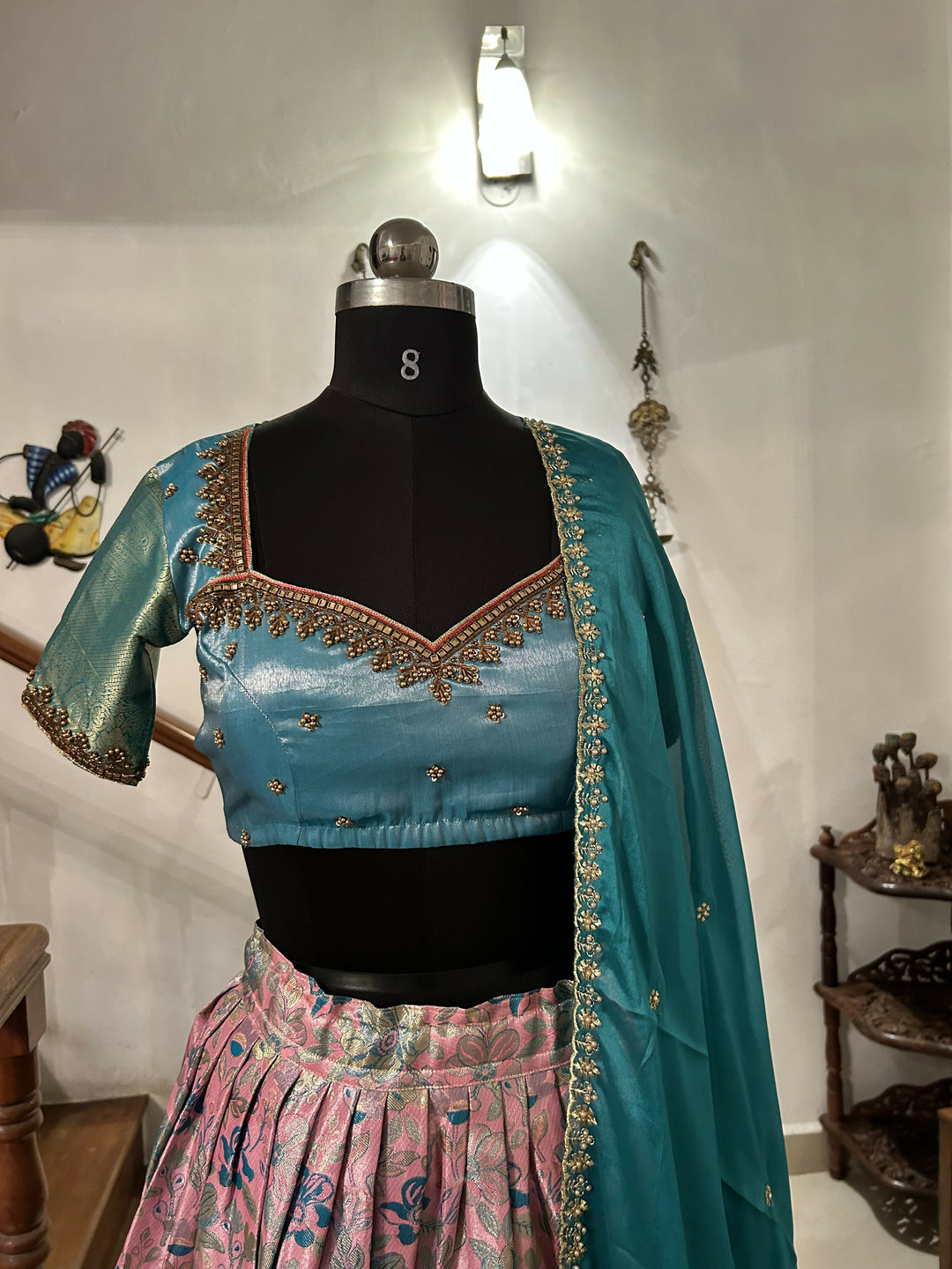 Yuvathi Rose pink tissue half saree /lehenga set with aari work