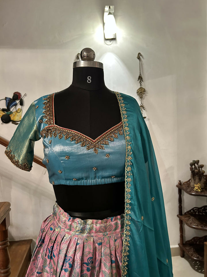 Yuvathi Rose pink tissue half saree /lehenga set with aari work