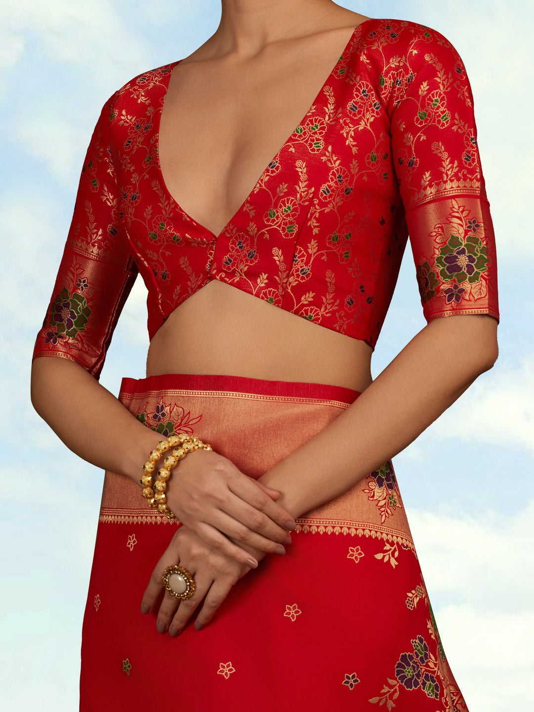 Red Woven Silk Blend Saree | SHOBITAM