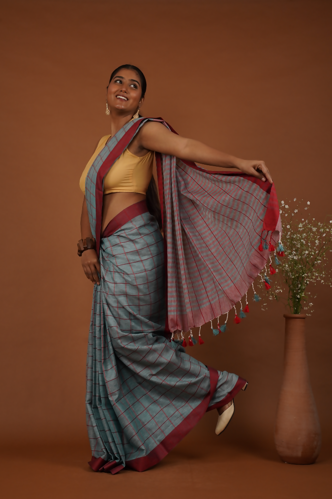 NeelMaroon Rekha Handwoven Slate Blue Cotton Saree  | SHOBITAM