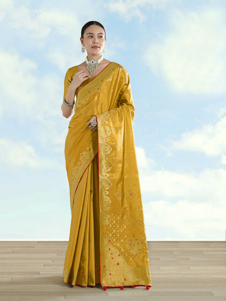 Mustard Color Paisley Zari Woven Semi Banarasi Tissue Silk Saree  | SHOBITAM