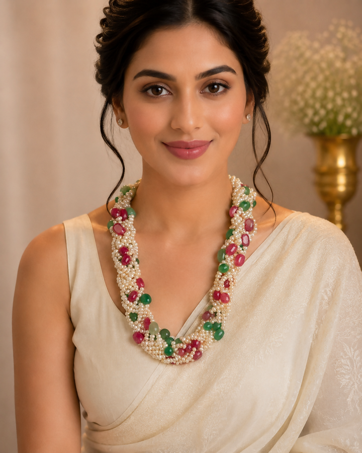 Panna-Gulab Haar, Hand-braided Mala with Natural Pearls | SHOBITAM