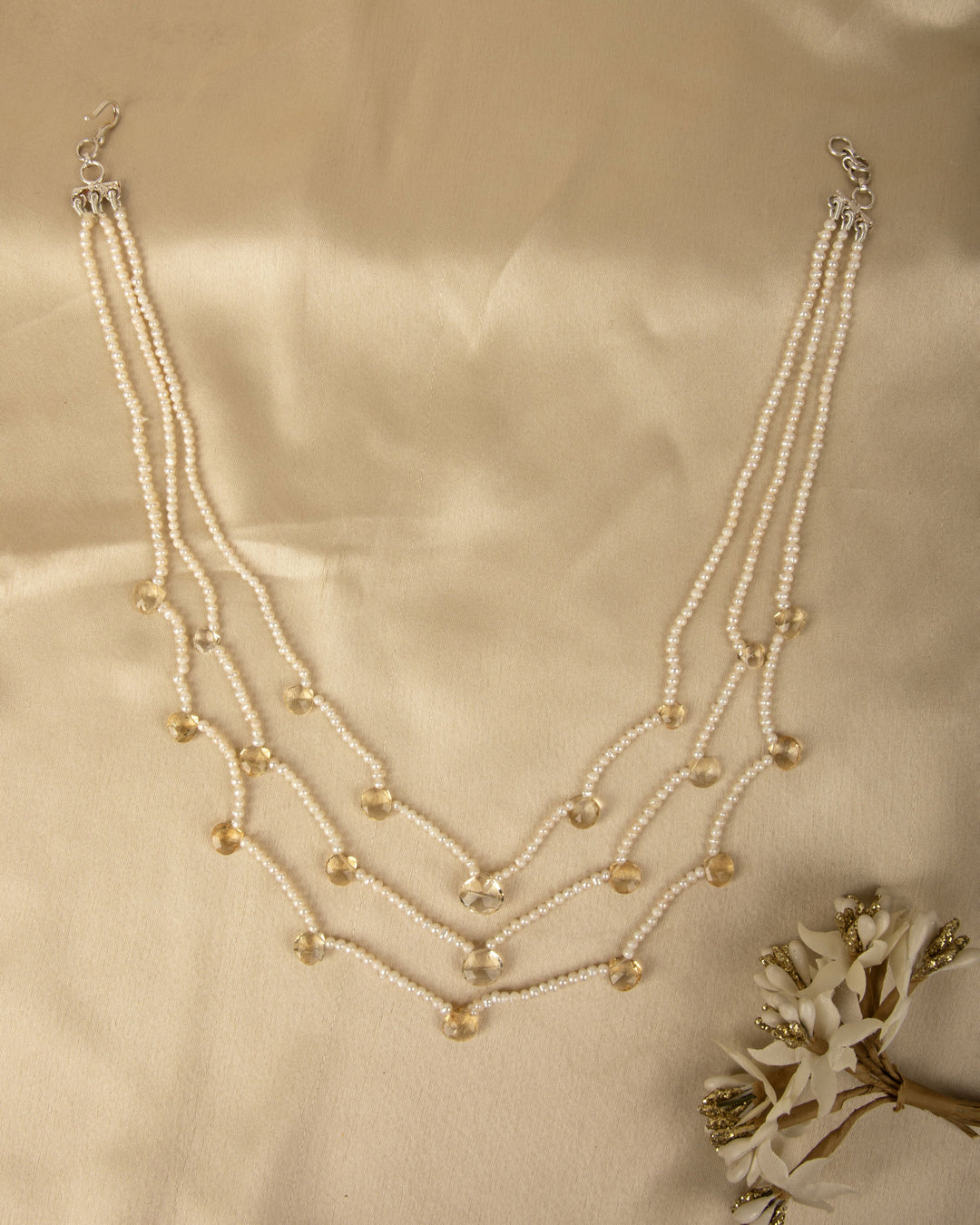 Kanak Lehar – Citrine & Pearl 3 Layer Mala | SHOBITAM