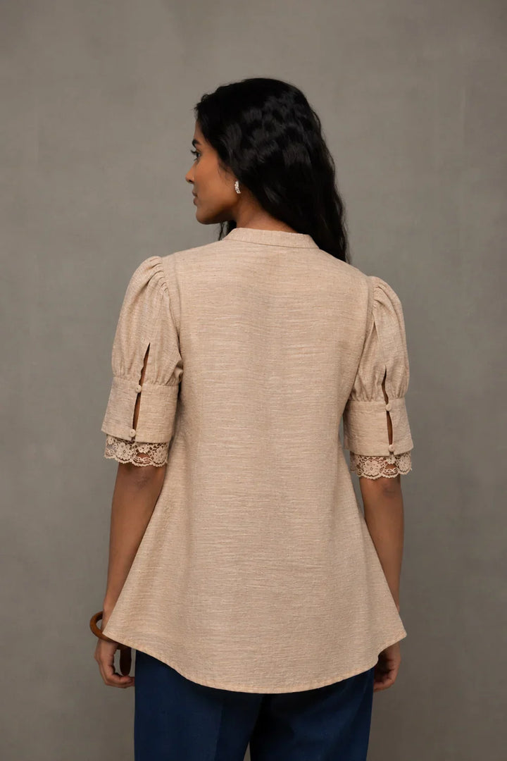 Beige Pure Cotton Buttoned Top | SHOBITAM