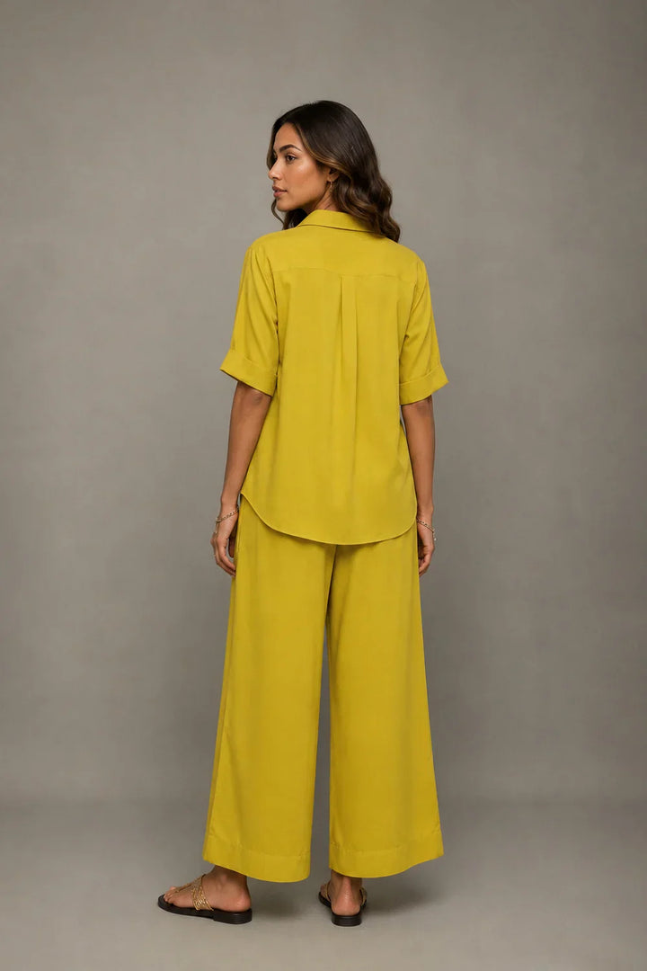 Plantain Yellow Co-Ord Shirt & Wide Leg Pant Set | SHOBITAM