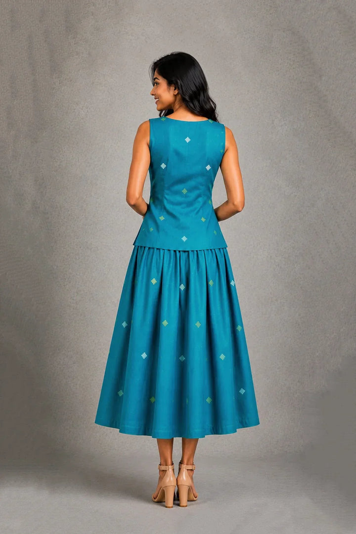 Teal Blue Yantra Motif Jamdani Skord | SHOBITAM