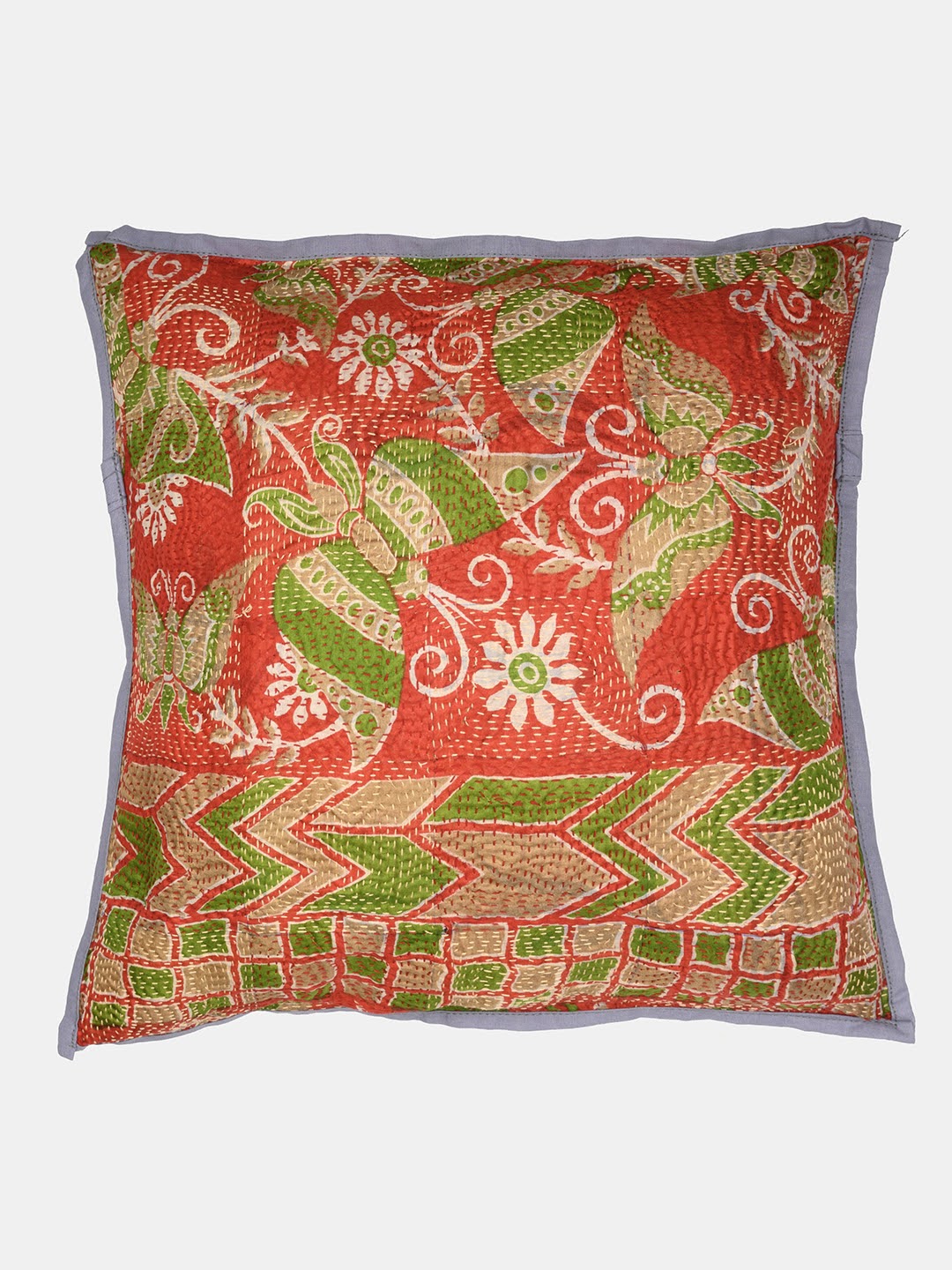 Red Brown Kantha Silk Reversible Cushion Cover - Pack of 1 | SHOBITAM