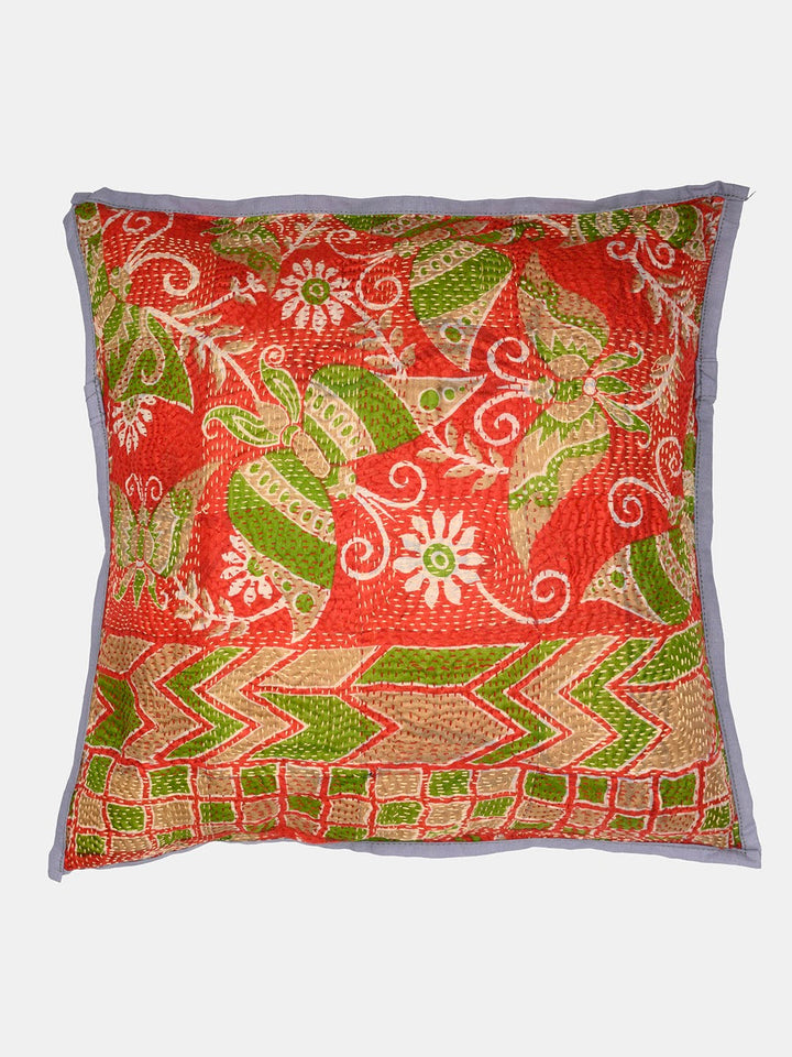 Red Brown Kantha Silk Reversible Cushion Cover - Pack of 1 | SHOBITAM