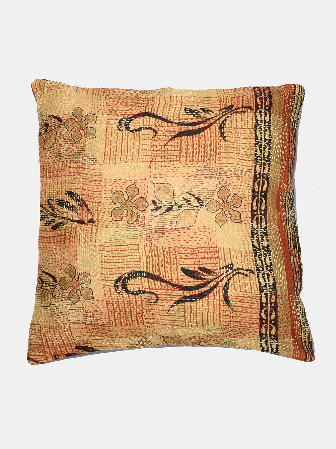 Red Brown Kantha Silk Reversible Cushion Cover - Pack of 1 | SHOBITAM