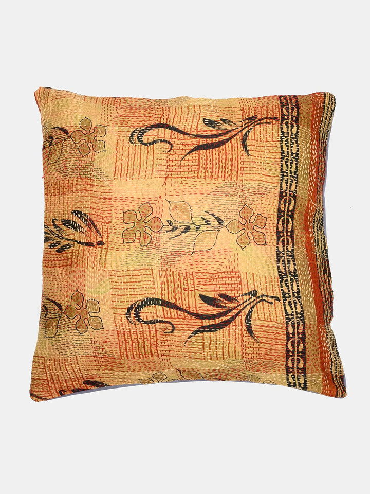 Red Brown Kantha Silk Reversible Cushion Cover - Pack of 1 | SHOBITAM