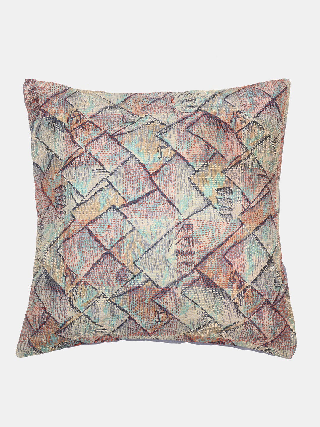 Green Grey Kantha Silk Reversible Cushion Cover - Pack of 1 | SHOBITAM