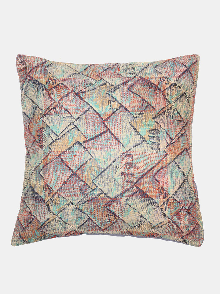 Green Grey Kantha Silk Reversible Cushion Cover - Pack of 1 | SHOBITAM