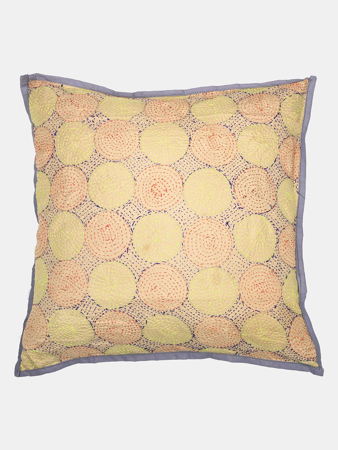 Cream Rust Kantha Silk Reversible Cushion Cover - Pack of 1 | SHOBITAM