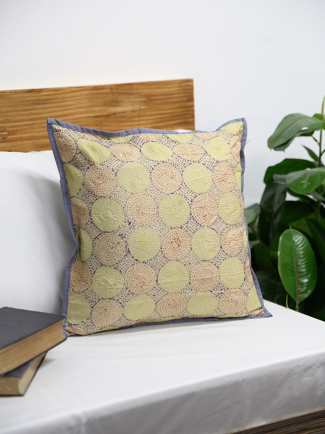 Cream Rust Kantha Silk Reversible Cushion Cover - Pack of 1 | SHOBITAM