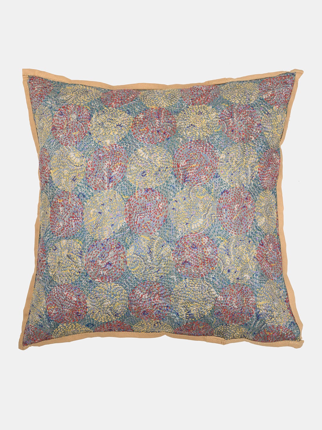 Grey Green Kantha Silk Reversible Cushion Cover - Pack of 1 | SHOBITAM