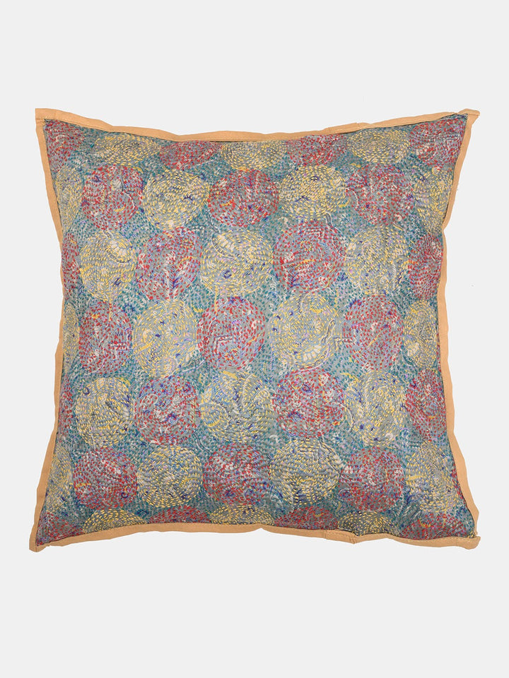Grey Green Kantha Silk Reversible Cushion Cover - Pack of 1 | SHOBITAM