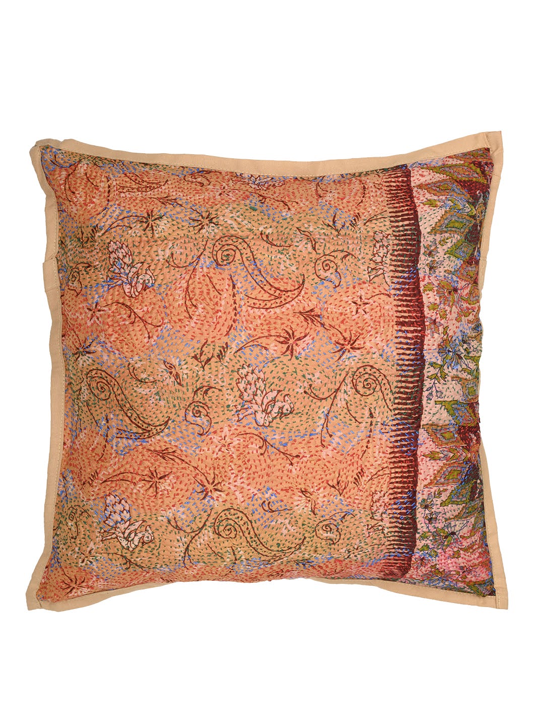 Brown Printed Rust Silk Hand Kantha stitch embroidered Reversible Cushion Cover- Pack of 1 | SHOBITAM