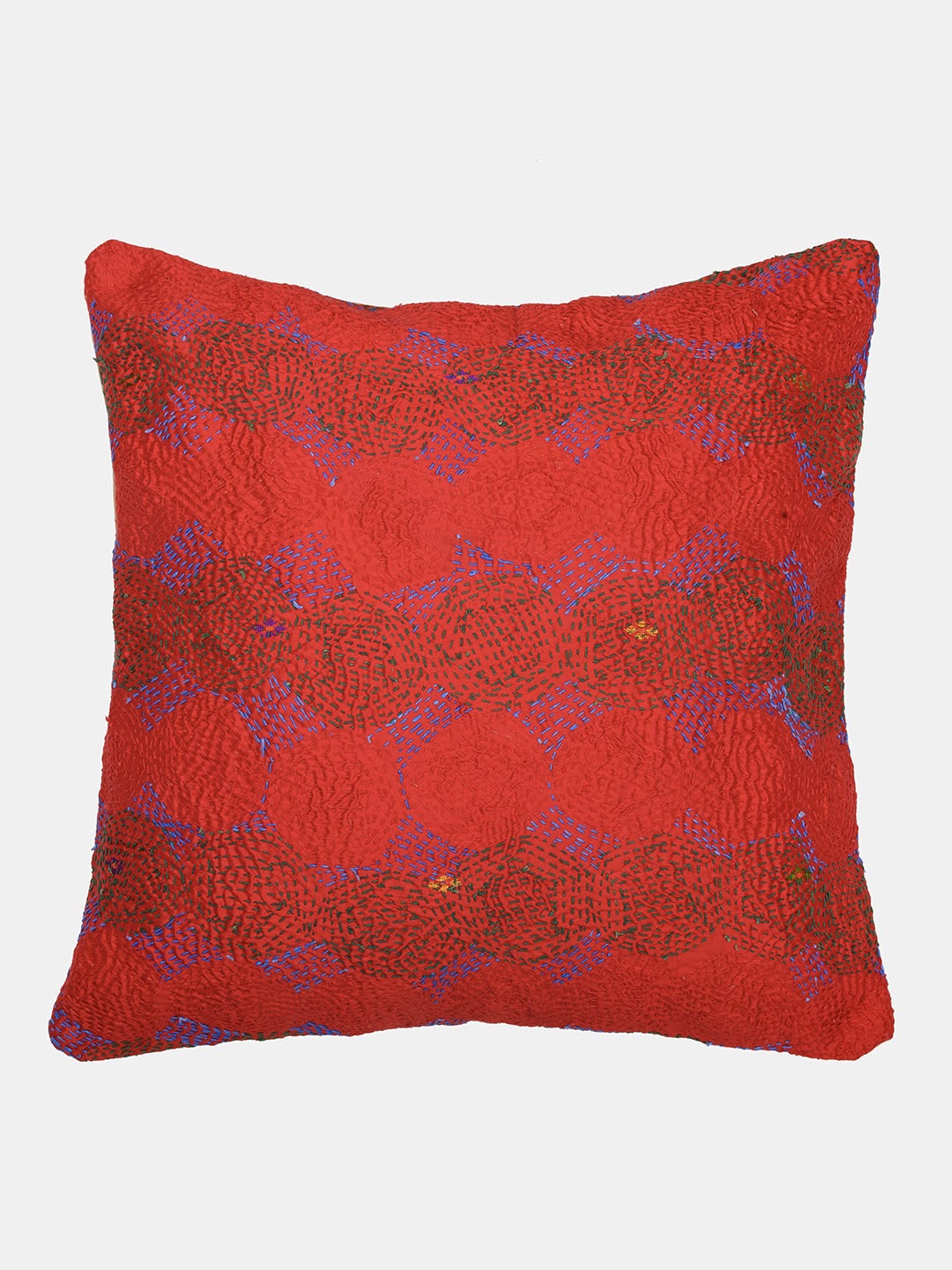 Brown Printed Rust Silk Hand Kantha stitch embroidered Reversible Cushion Cover- Pack of 1 | SHOBITAM
