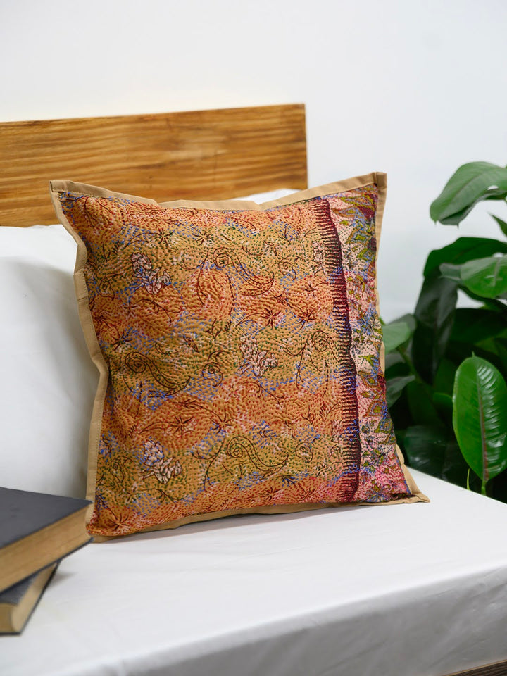 Brown Printed Rust Silk Hand Kantha stitch embroidered Reversible Cushion Cover- Pack of 1 | SHOBITAM