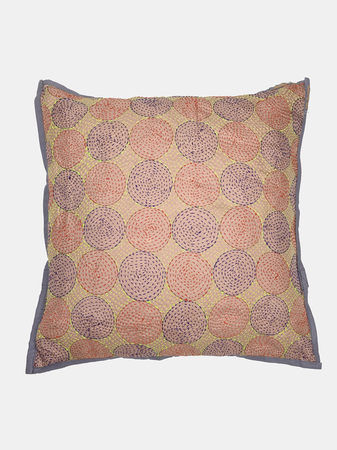 Cream Grey Kantha Silk Reversible Cushion Cover - Pack of 1 | SHOBITAM