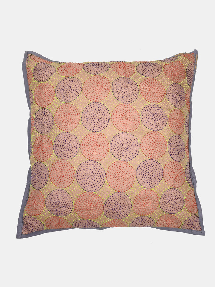 Cream Grey Kantha Silk Reversible Cushion Cover - Pack of 1 | SHOBITAM